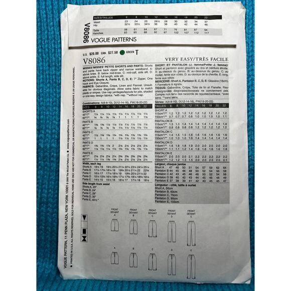 Vogue Pattern 8086 shorts pants capri size 12 14 16 - Picture 3 of 8
